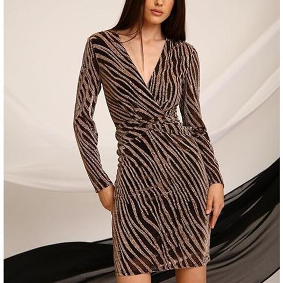 Donna Morgan Dress Metallic Stripe Long Sleeve Faux Wrap Mini Black Gold Size 18 - Picture 1 of 7